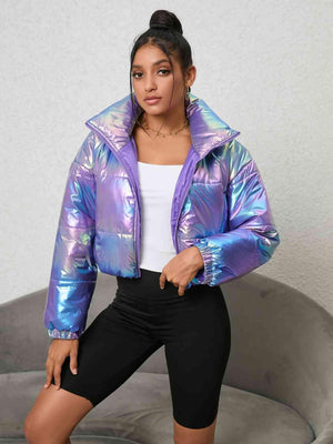 Shiny Gradient Zip-Up Cropped Puffer Jacket - MXSTUDIO.COM