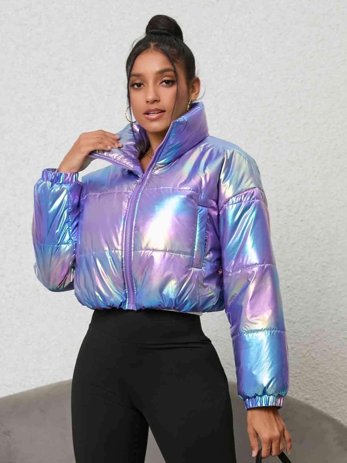 Shiny Gradient Zip-Up Cropped Puffer Jacket - MXSTUDIO.COM