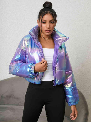 Shiny Gradient Zip-Up Cropped Puffer Jacket - MXSTUDIO.COM