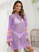 a woman wearing a purple crochet dress