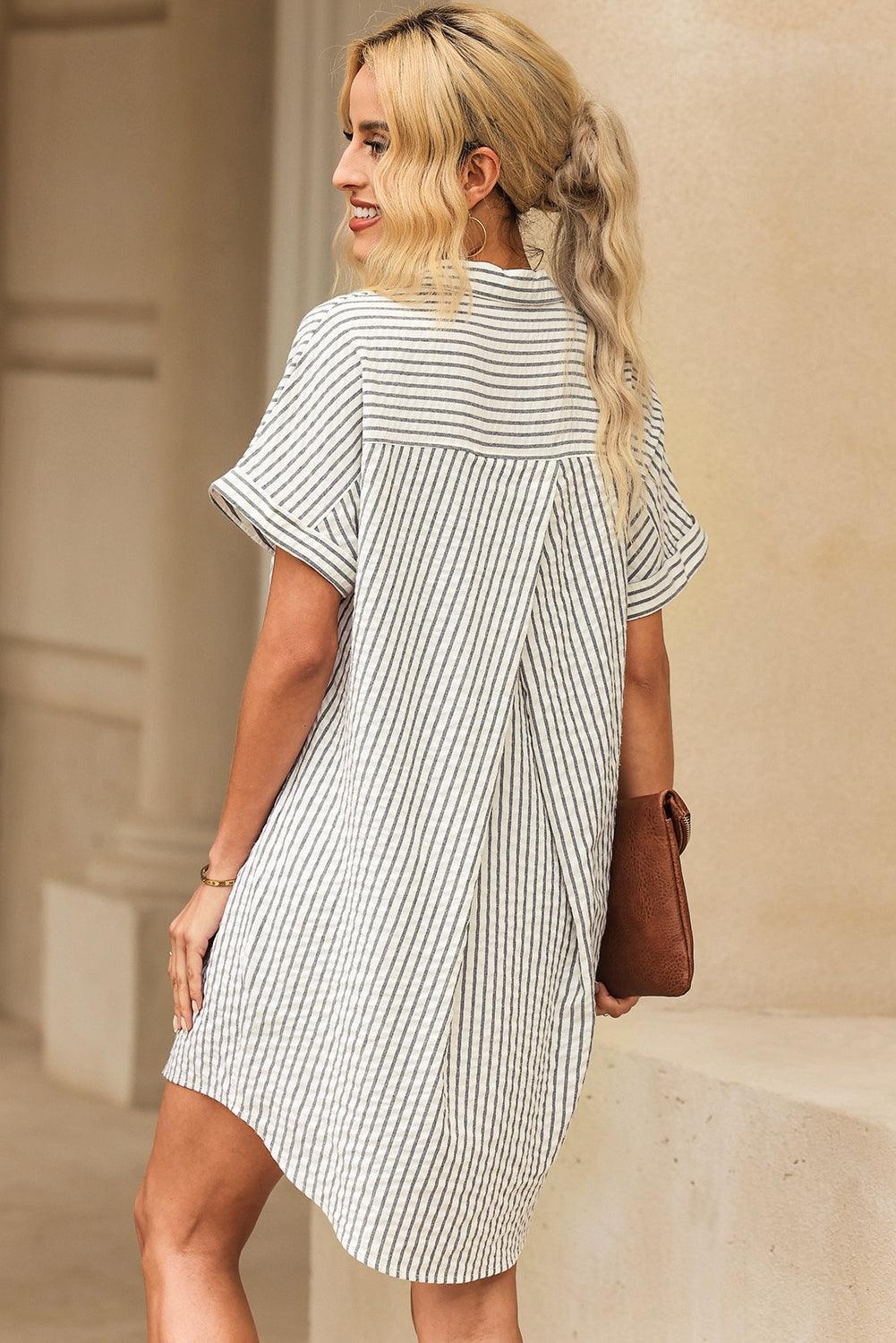 Short Sleeve Buttoned Front Stripe Shirt Dress - MXSTUDIO.COM