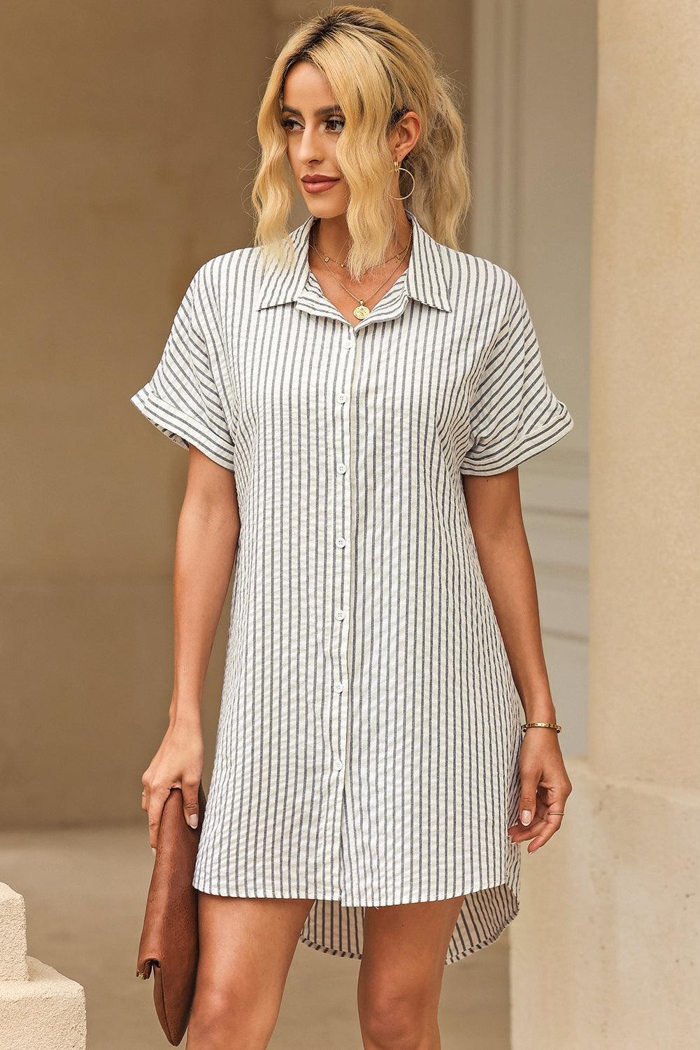 Short Sleeve Buttoned Front Stripe Shirt Dress - MXSTUDIO.COM