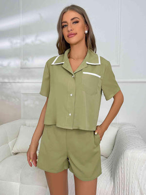 Short Sleeve Shirt And Shorts Green Lounge Set - MXSTUDIO.COM
