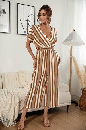 Short Sleeve Vertical Striped Wide Leg Jumpsuit - MXSTUDIO.COM