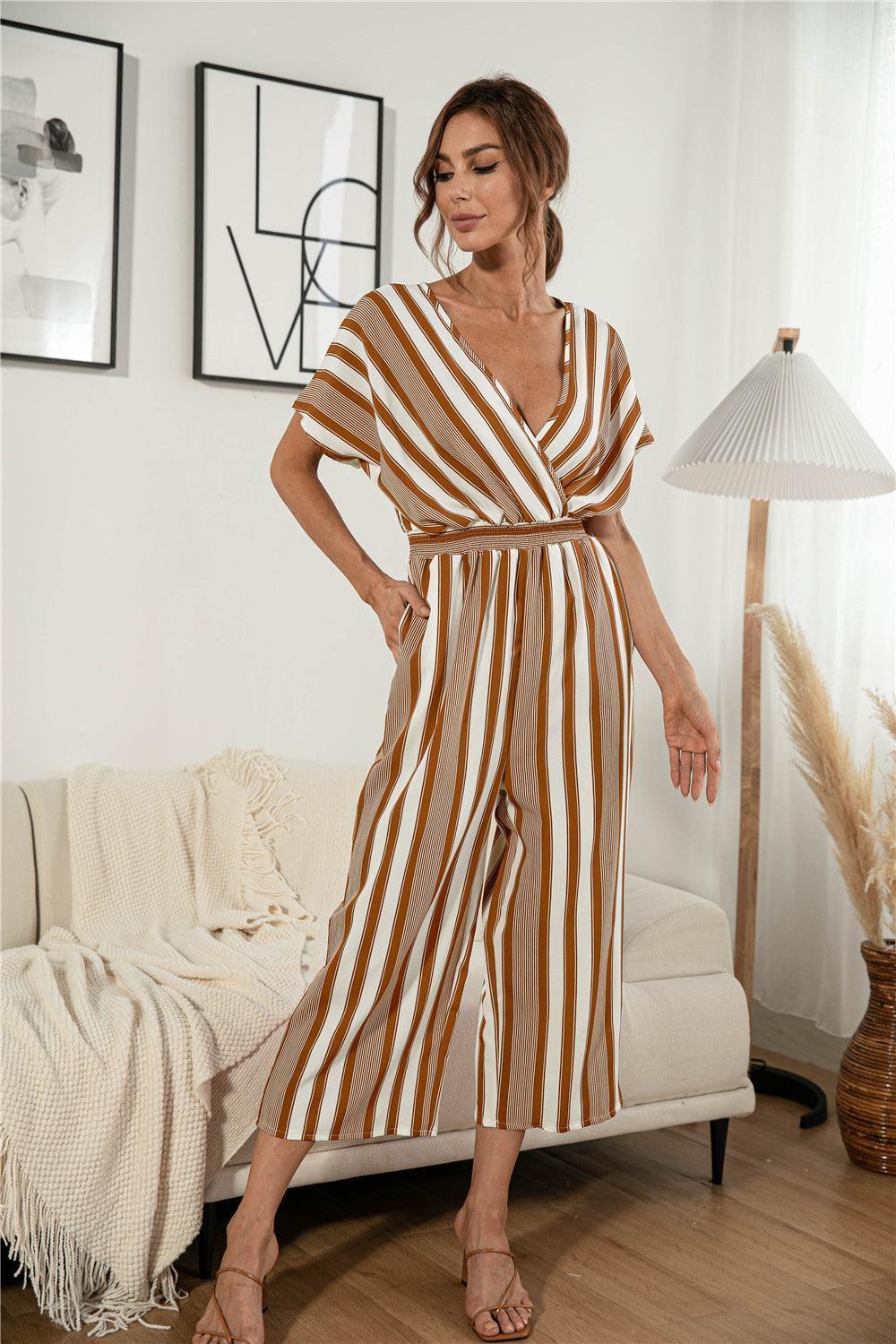 Short Sleeve Vertical Striped Wide Leg Jumpsuit - MXSTUDIO.COM