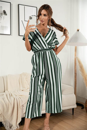 Short Sleeve Vertical Striped Wide Leg Jumpsuit - MXSTUDIO.COM