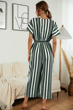 Short Sleeve Vertical Striped Wide Leg Jumpsuit - MXSTUDIO.COM