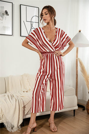 Short Sleeve Vertical Striped Wide Leg Jumpsuit - MXSTUDIO.COM