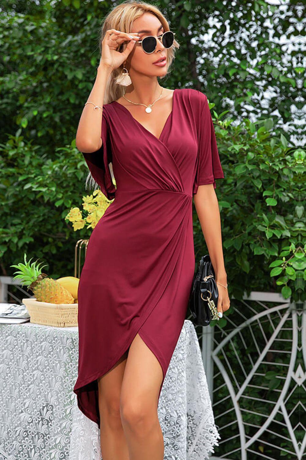 Show Up Flare Sleeve Surplice Tulip Hem Dress - MXSTUDIO.COM