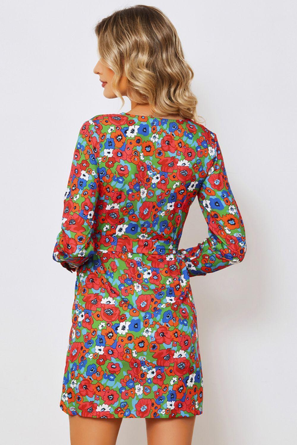 Show Up Long Sleeve Floral Wrap Mini Dress - MXSTUDIO.COM