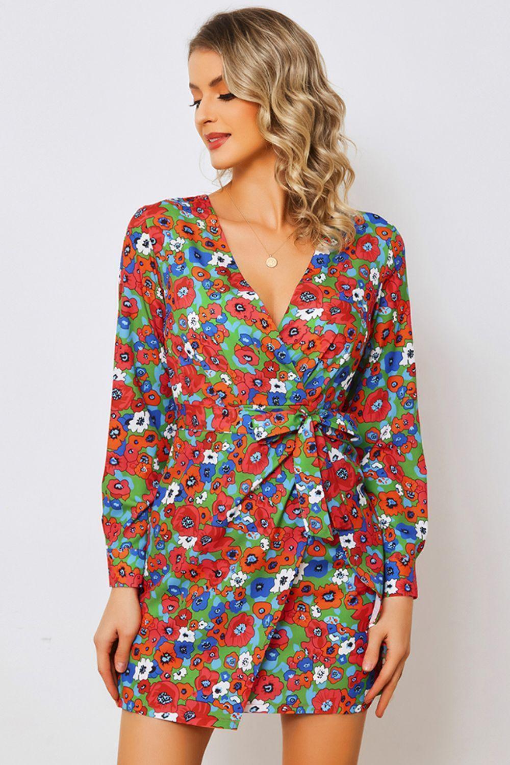 Show Up Long Sleeve Floral Wrap Mini Dress - MXSTUDIO.COM