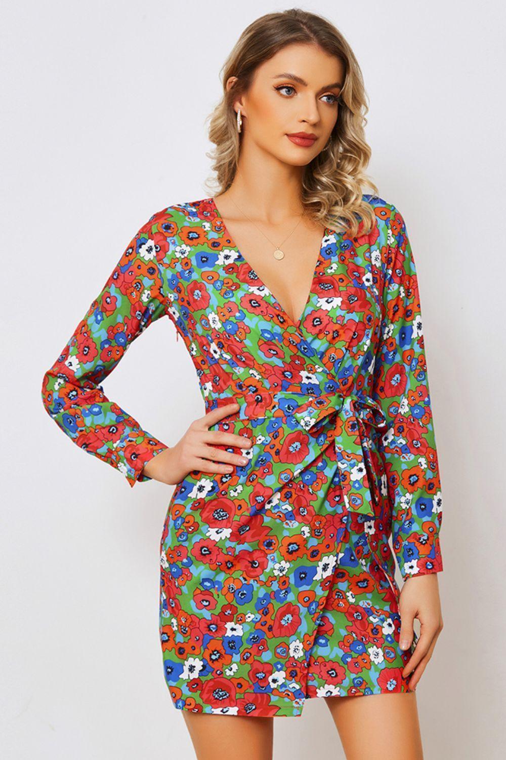 Show Up Long Sleeve Floral Wrap Mini Dress - MXSTUDIO.COM