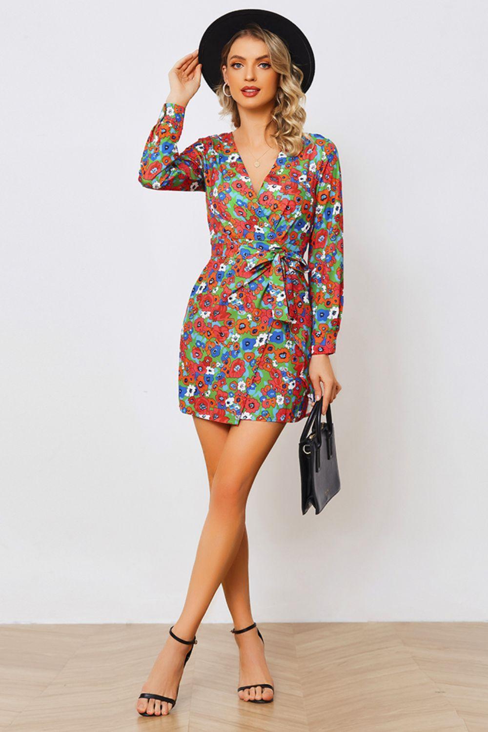 Show Up Long Sleeve Floral Wrap Mini Dress - MXSTUDIO.COM