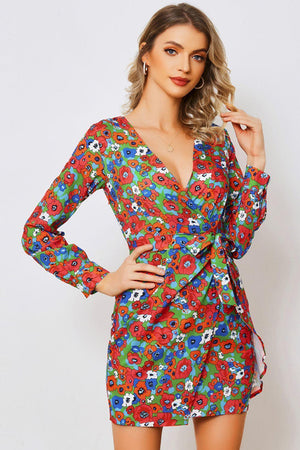 Show Up Long Sleeve Floral Wrap Mini Dress - MXSTUDIO.COM