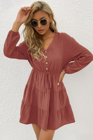 Showy V-Neck Long Sleeve Tiered Mini Dress - MXSTUDIO.COM