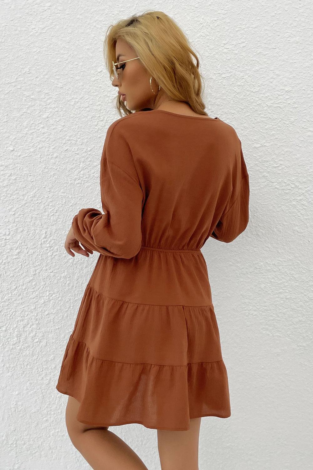 Showy V-Neck Long Sleeve Tiered Mini Dress - MXSTUDIO.COM