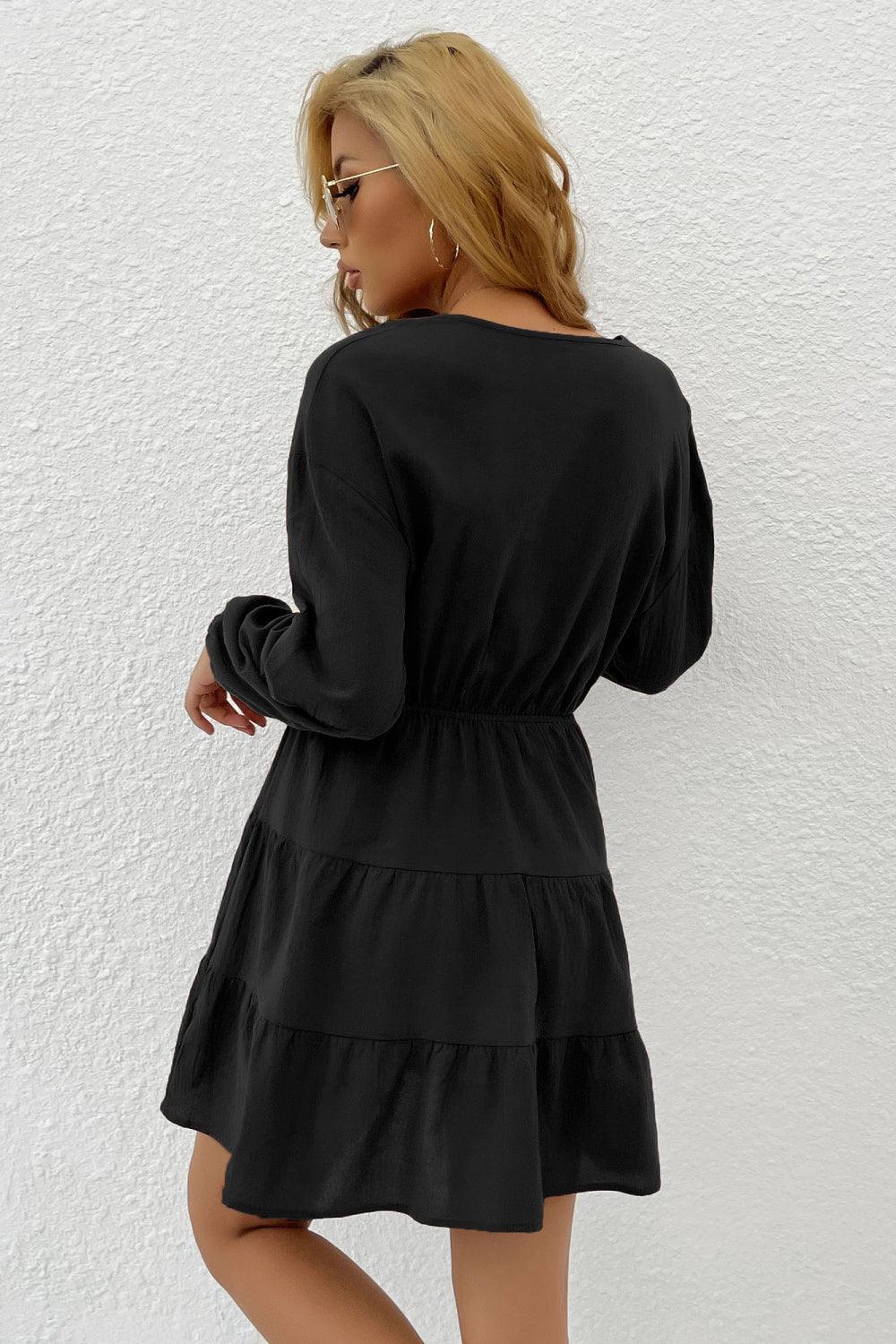 Showy V-Neck Long Sleeve Tiered Mini Dress - MXSTUDIO.COM