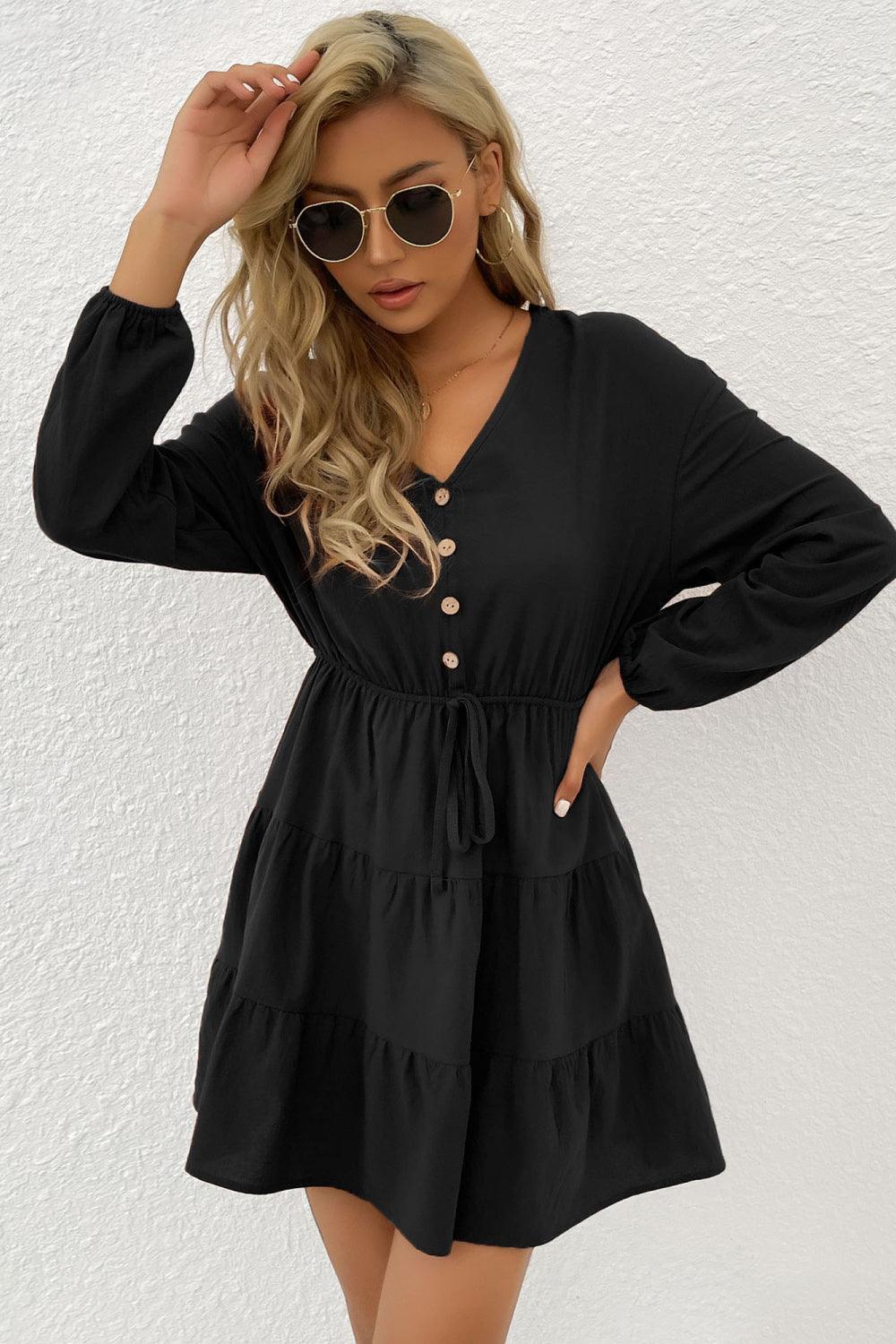 Showy V-Neck Long Sleeve Tiered Mini Dress - MXSTUDIO.COM