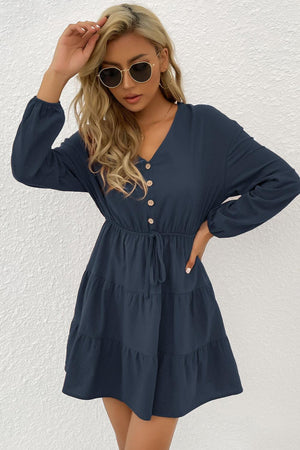 Showy V-Neck Long Sleeve Tiered Mini Dress - MXSTUDIO.COM