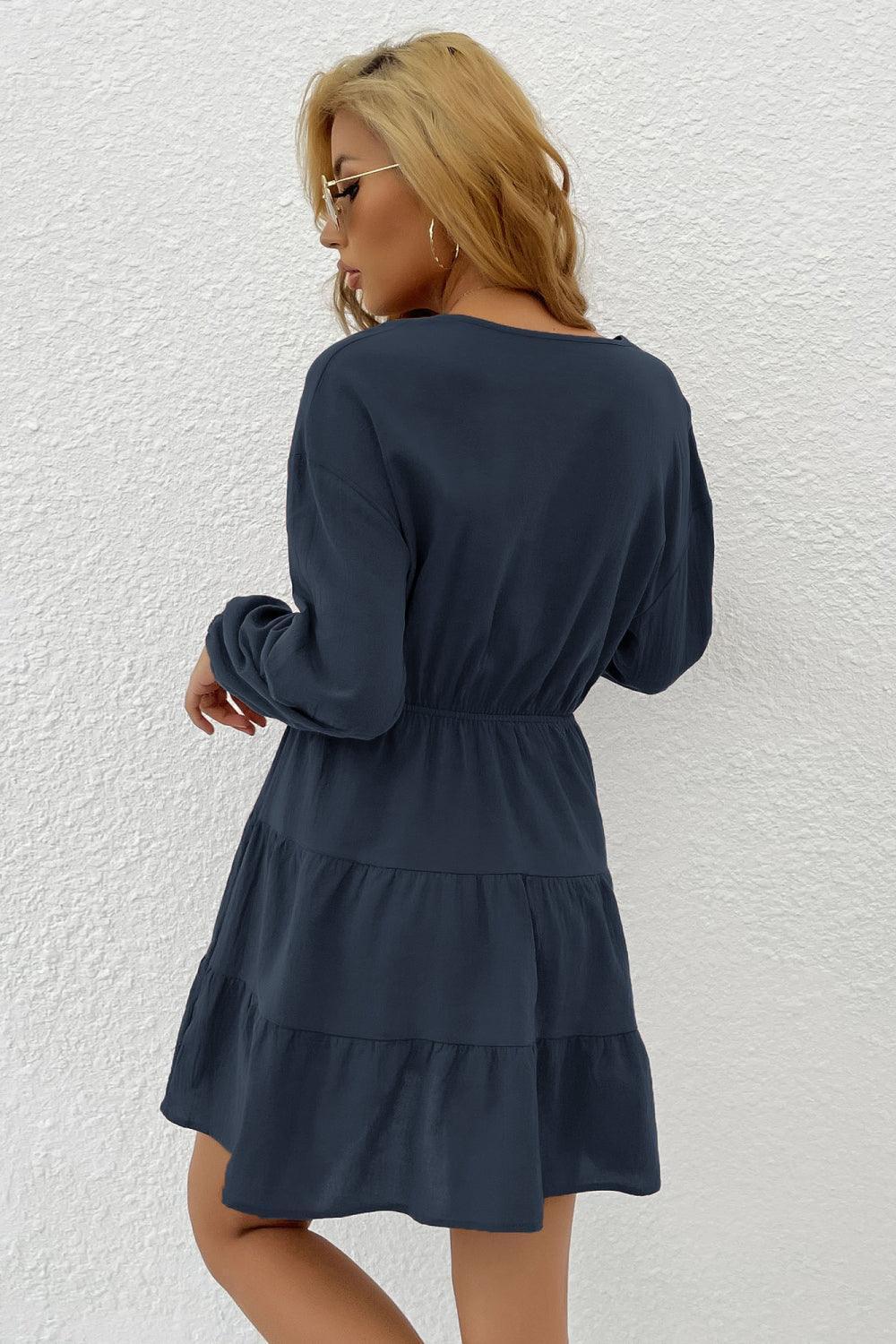 Showy V-Neck Long Sleeve Tiered Mini Dress - MXSTUDIO.COM