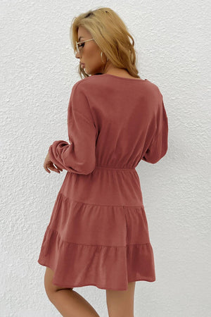 Showy V-Neck Long Sleeve Tiered Mini Dress - MXSTUDIO.COM