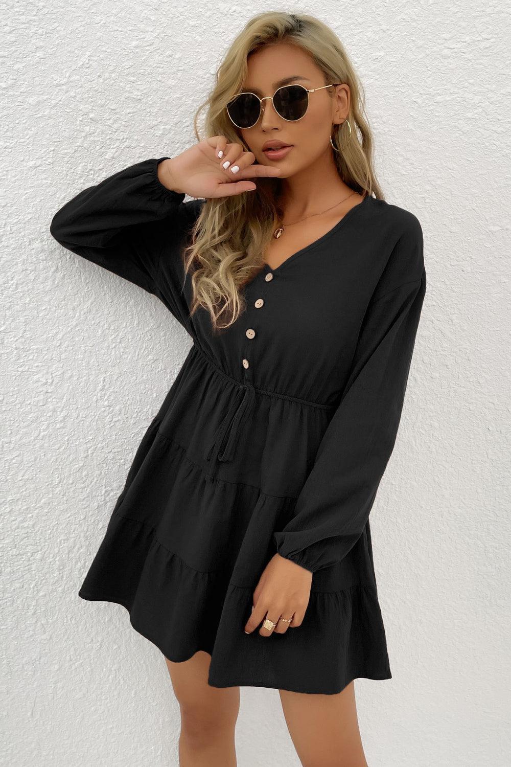 Showy V-Neck Long Sleeve Tiered Mini Dress - MXSTUDIO.COM