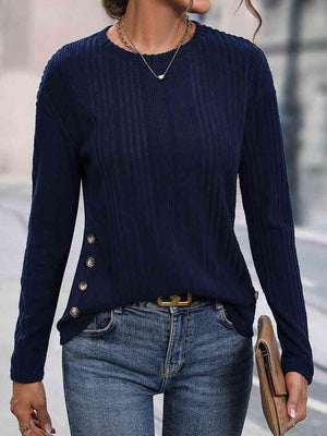 Side Buttoned Detail Crew Neck Knit Sweater-MXSTUDIO.COM