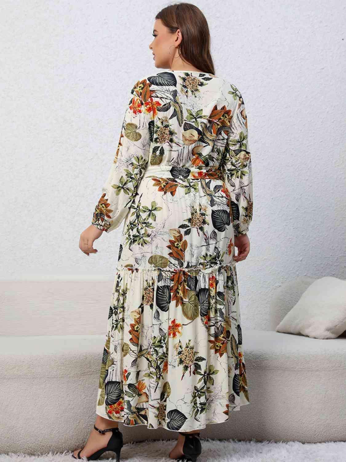 Sightly Balloon Sleeve Plus Size Floral Print Dress - MXSTUDIO.COM