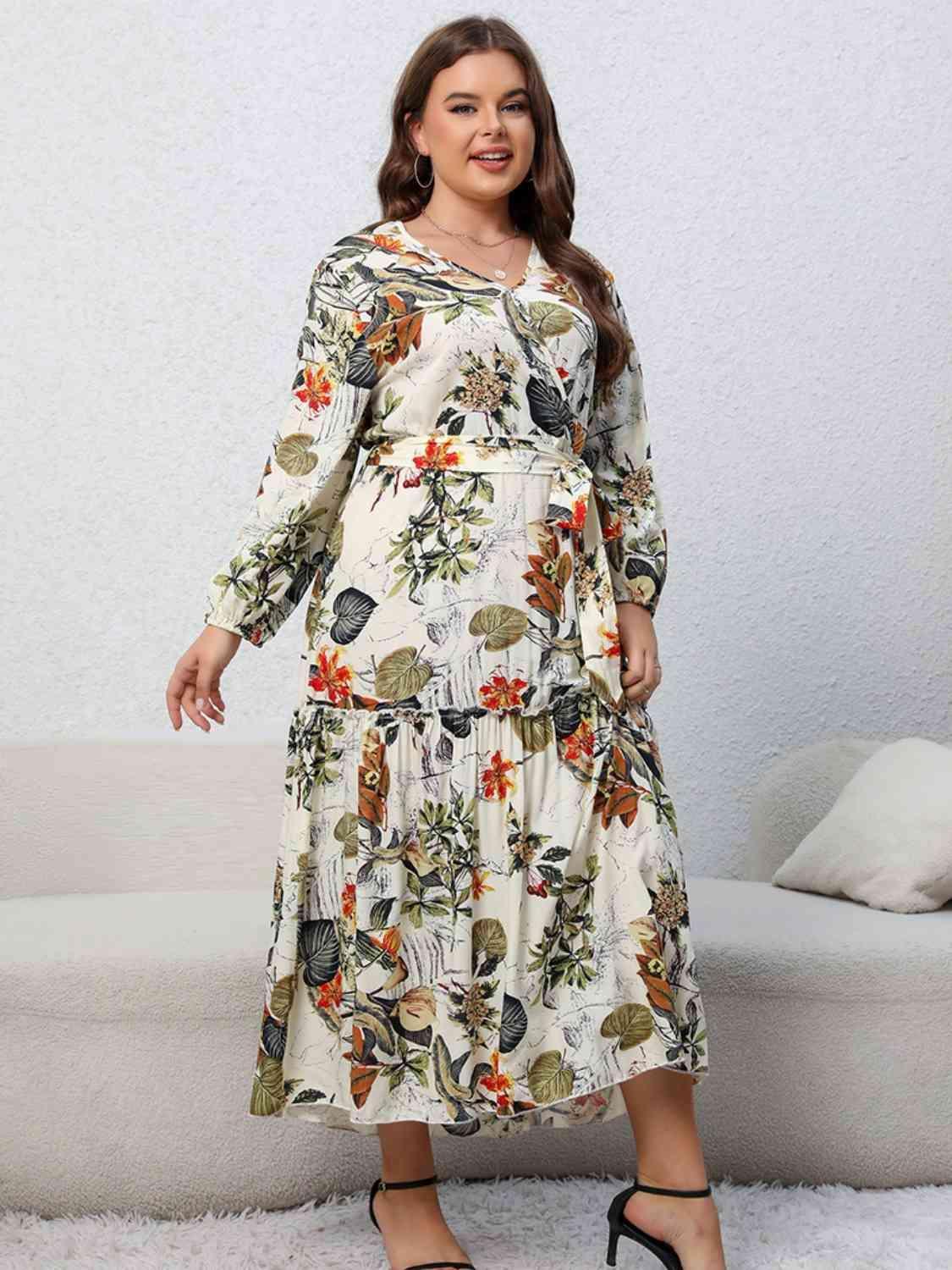 Sightly Balloon Sleeve Plus Size Floral Print Dress - MXSTUDIO.COM