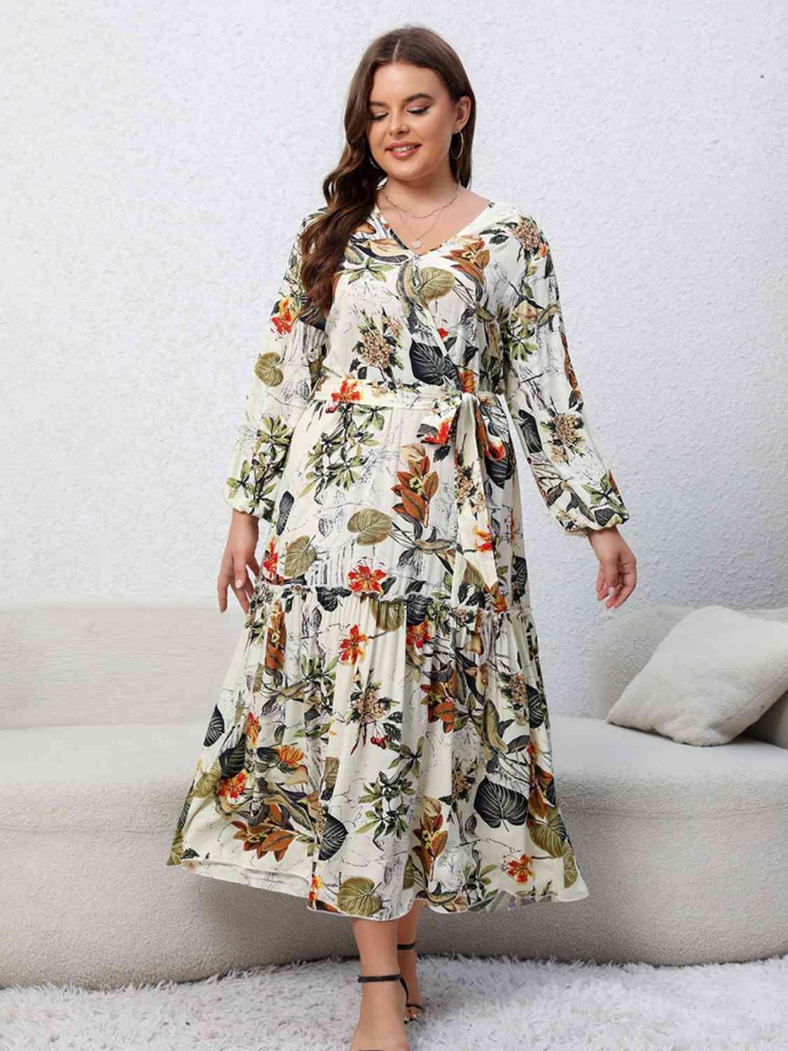Sightly Balloon Sleeve Plus Size Floral Print Dress - MXSTUDIO.COM