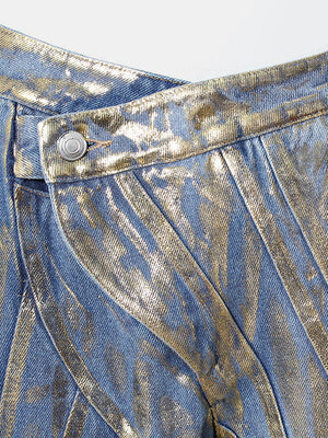 a close up of a pair of blue and gold pants