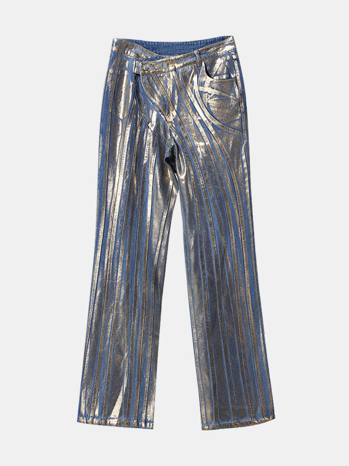 a pair of metallic pants on a white background
