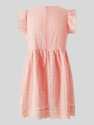 a pink dress with a frilled neckline on a hanger