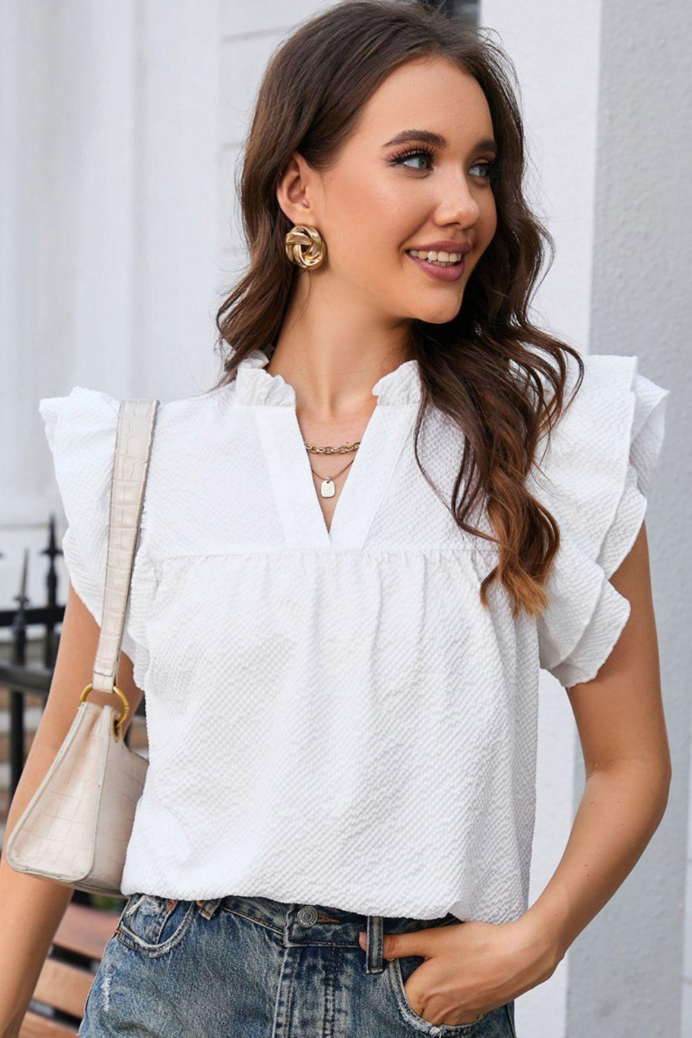 Simple And Classic White Butterfly Sleeve Blouse - MXSTUDIO.COM