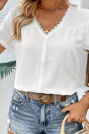 Simple Charisma Short Sleeve White Lace Blouse - MXSTUDIO.COM