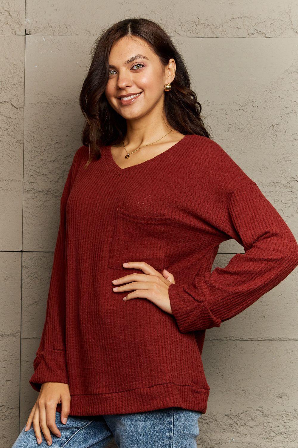 Simple Comfort V-Neck Waffle-Knit Sweatshirt - MXSTUDIO.COM