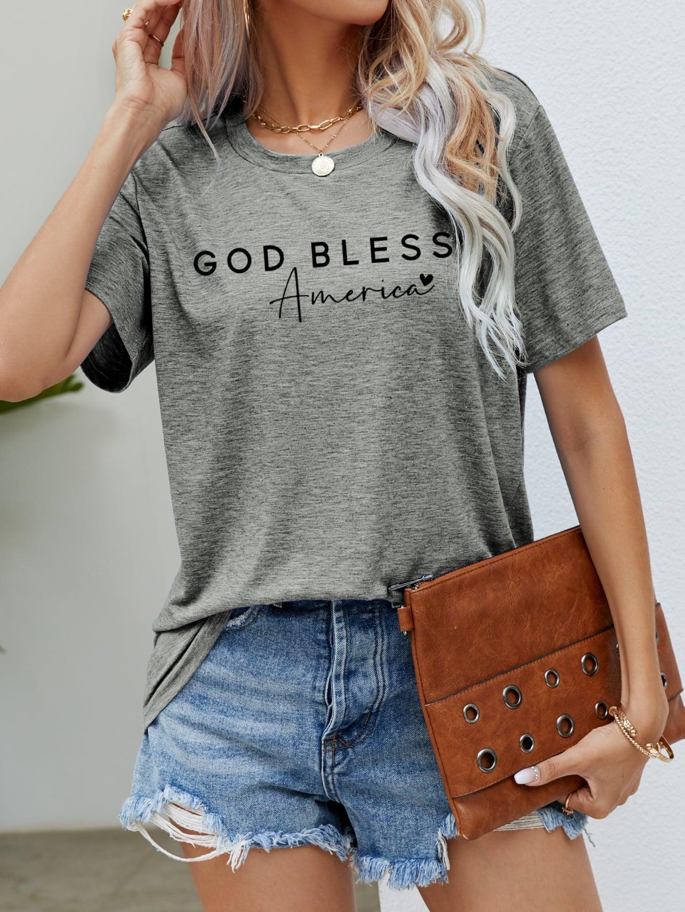 Simple Crew Neck God Bless America T Shirt - MXSTUDIO.COM