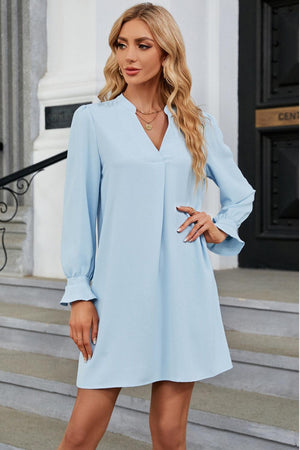 Simple Elegance Long Sleeve Notched Neck Dress - MXSTUDIO.COM