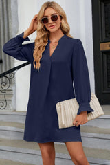 Simple Elegance Long Sleeve Notched Neck Dress - MXSTUDIO.COM