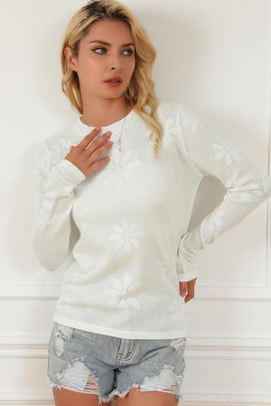 Simple Warmth Eyelet White Floral Sweater-MXSTUDIO.COM
