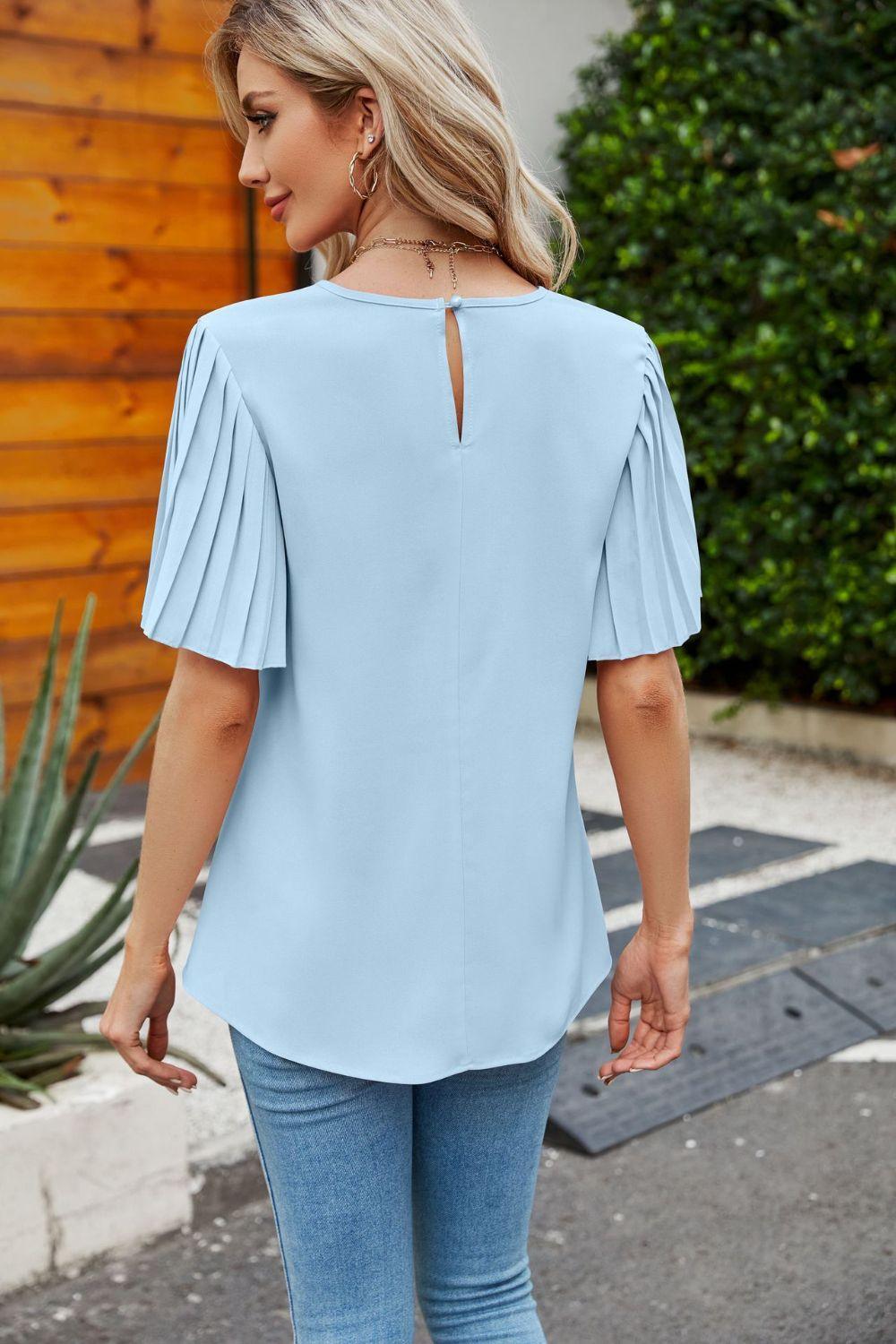 Simplicity Is Beauty Pleated Sleeve Crew Neck Top - MXSTUDIO.COM