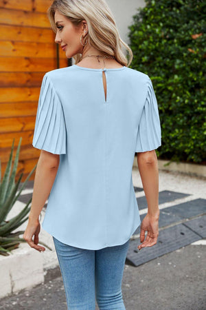 Simplicity Is Beauty Pleated Sleeve Crew Neck Top - MXSTUDIO.COM