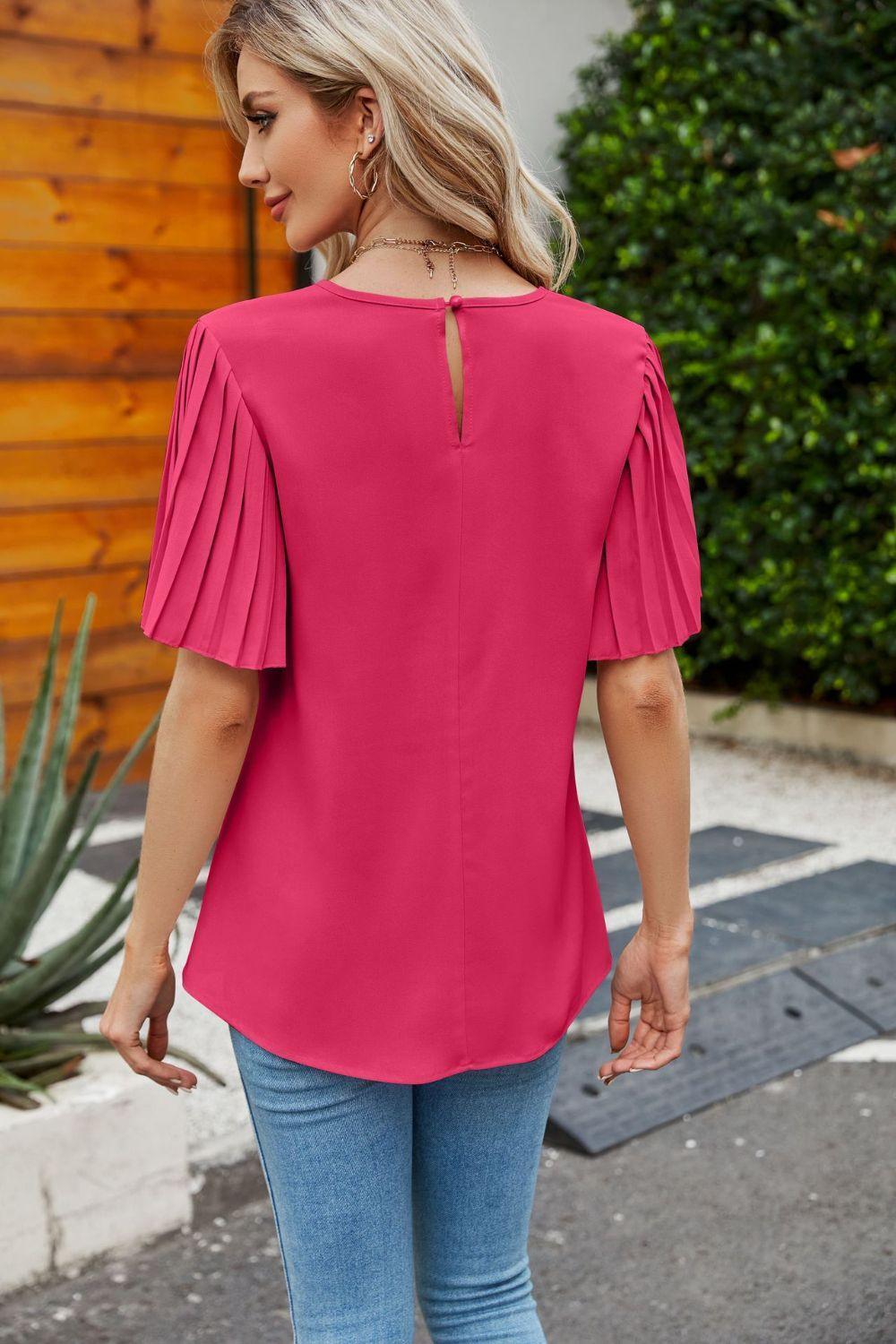 Simplicity Is Beauty Pleated Sleeve Crew Neck Top - MXSTUDIO.COM