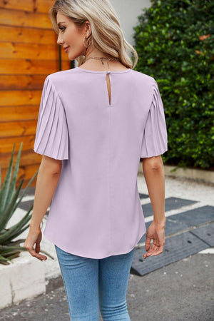 Simplicity Is Beauty Pleated Sleeve Crew Neck Top - MXSTUDIO.COM