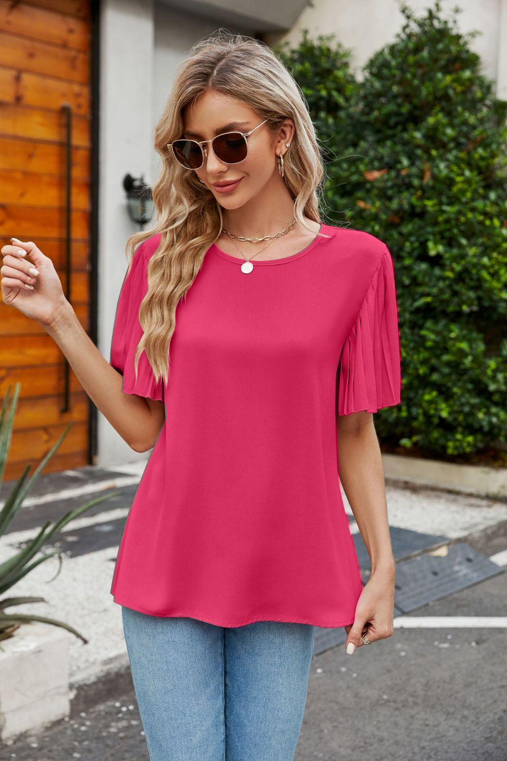 Simplicity Is Beauty Pleated Sleeve Crew Neck Top - MXSTUDIO.COM