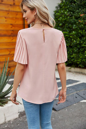 Simplicity Is Beauty Pleated Sleeve Crew Neck Top - MXSTUDIO.COM