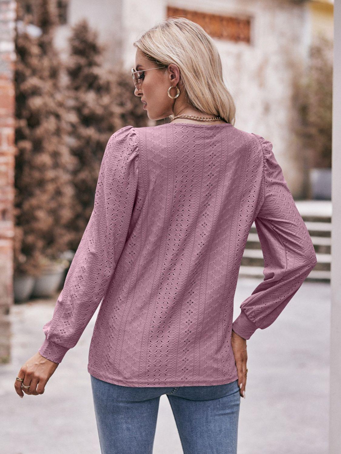 Simply Chic Long Sleeve Eyelet Top - MXSTUDIO.COM