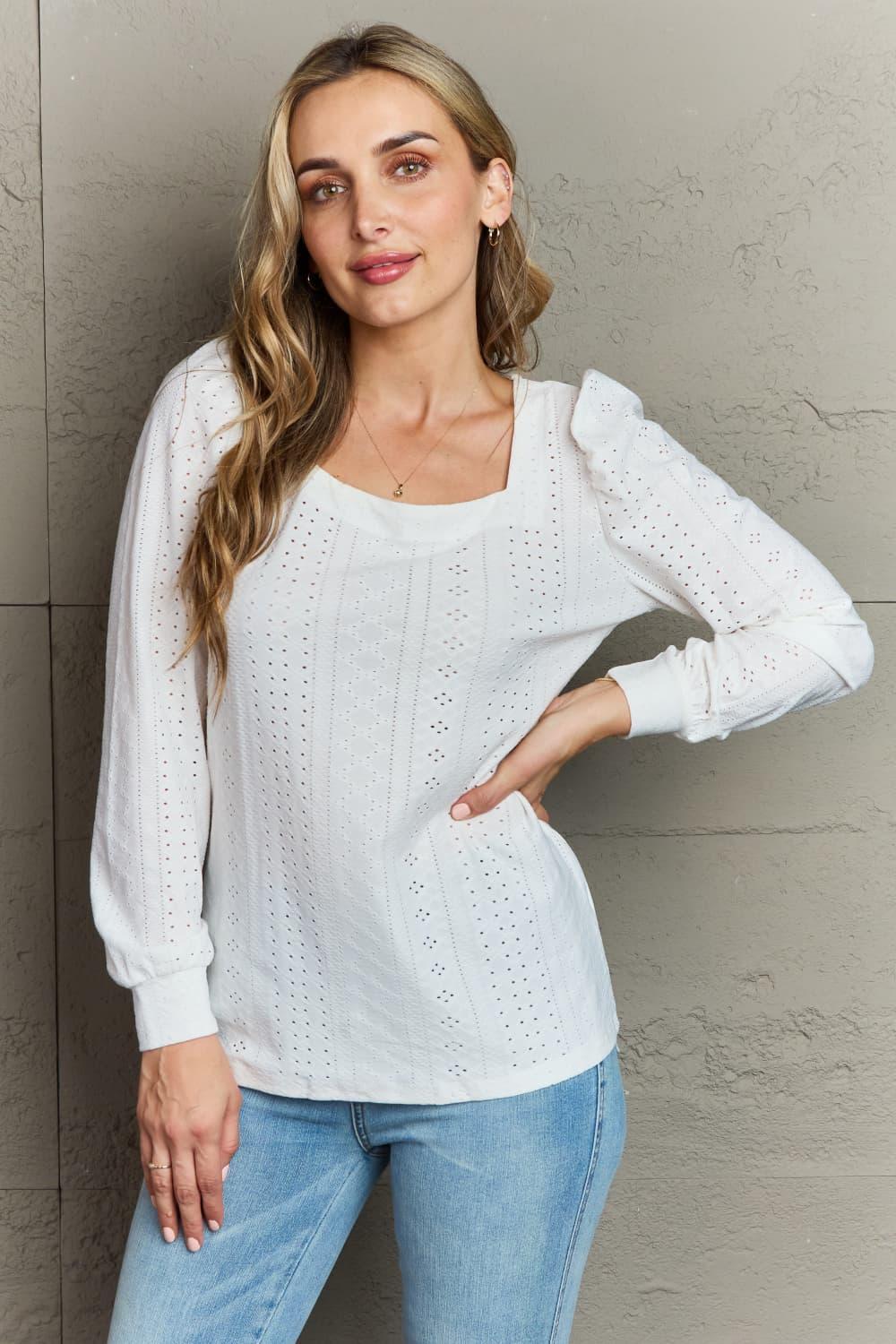 Simply Chic Long Sleeve Eyelet Top - MXSTUDIO.COM