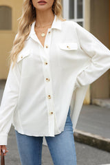 a woman in a white shirt is holding a brown bag