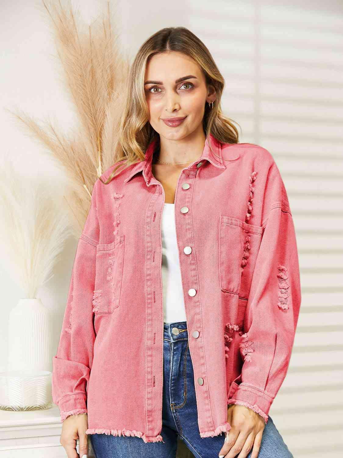 Single-Breasted Distressed Raw Hem Denim Jacket - MXSTUDIO.COM